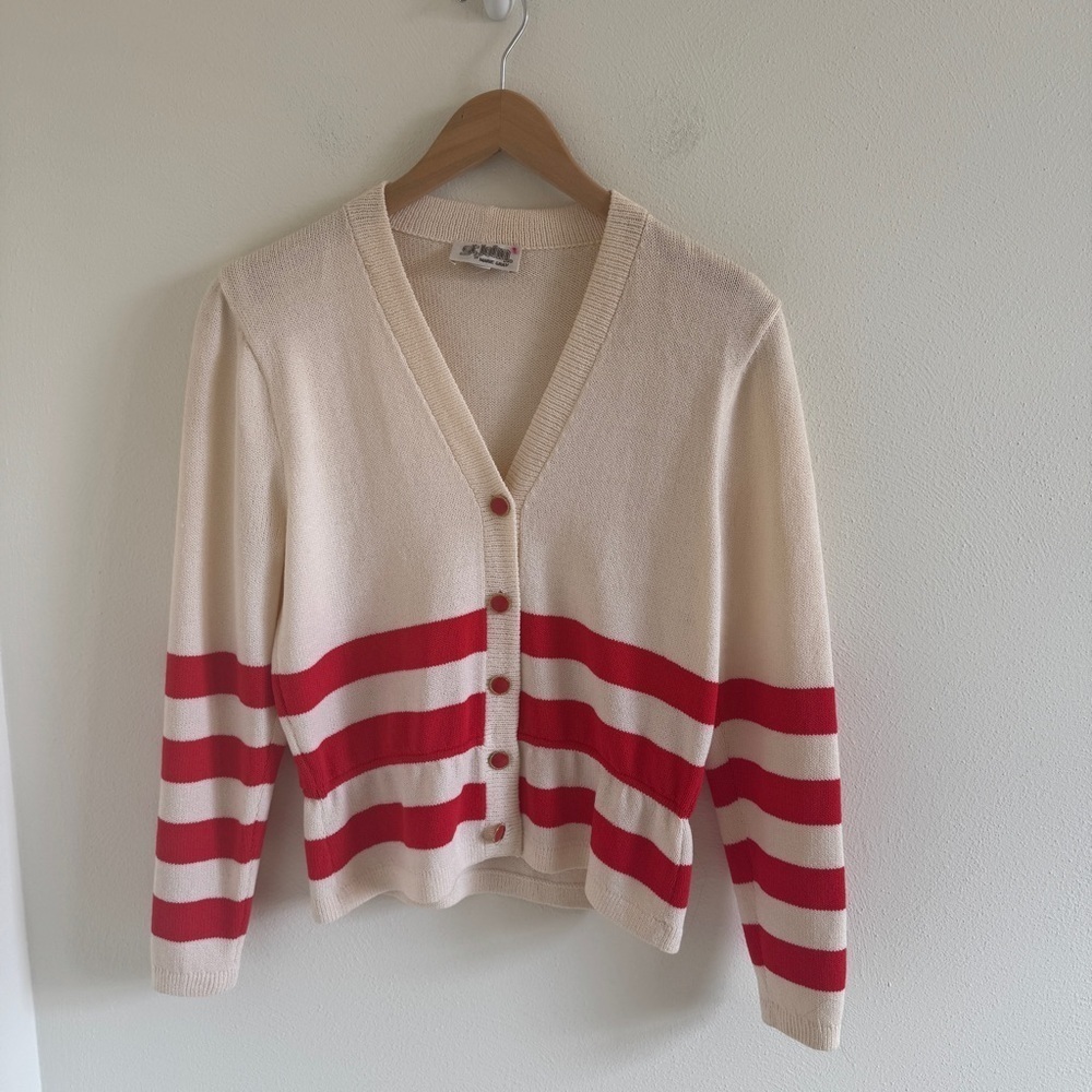 Vintage St John Cream and Red striped Cardigan Jacket 10